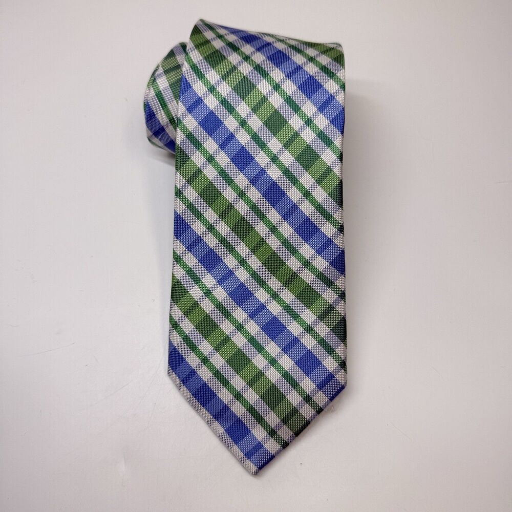 IZOD Green Blue And White Plaid 100% Silk Neck Tie
